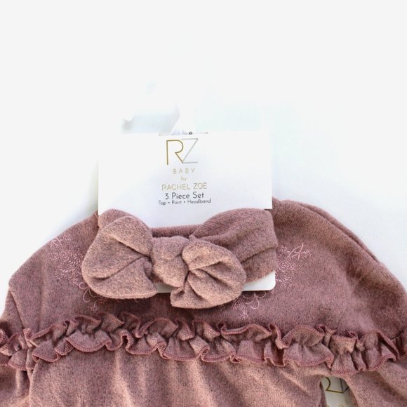 RZ Baby by Rachel Zoe 3 Piece Set Long Sleeve Top, Pant & Headband 0-3M - Picture 4 of 5